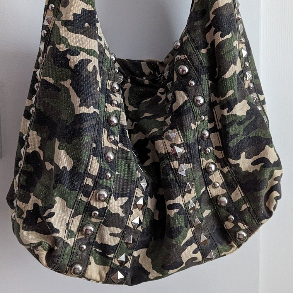 Studded camo print canvas handbag